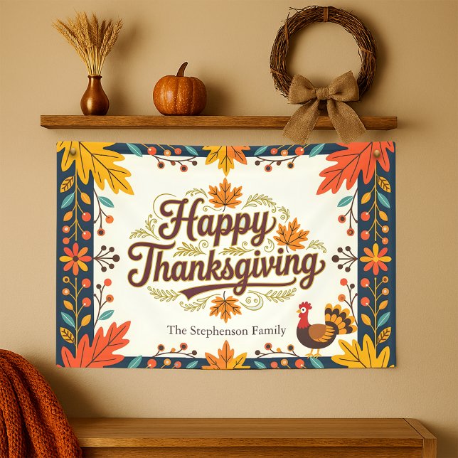 Vintage Vibrant Folk Art Happy Thanksgiving Banner (Creator Uploaded)