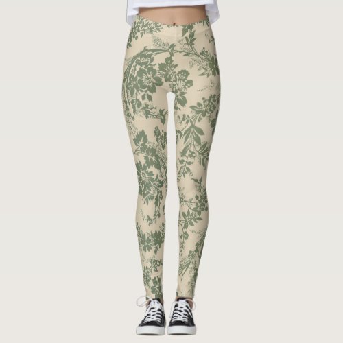 Vintage Vibrant Green Floral Pattern Leggings