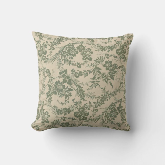 Vintage Vibrant Green Floral Pattern Throw Pillow (Front)