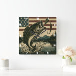 Vintage Vibrant Jumping Bass American Flag  Square Wall Clock<br><div class="desc">This rustic square clock beautifully combines a vibrant jumping bass and a classic fishing lure with the iconic stars and stripes of the American flag. It's an ideal piece for fishing enthusiasts, patriotic decor lovers, or anyone looking to add a touch of vintage charm and outdoor spirit to their space....</div>