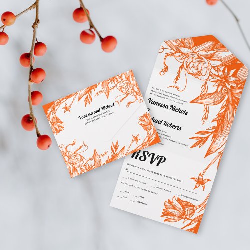 Vintage vibrant orange line art flowers wedding all in one invitation