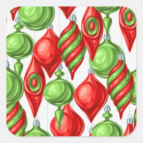 Vintage Vibrant Red and Green Christmas Ornaments Square Sticker