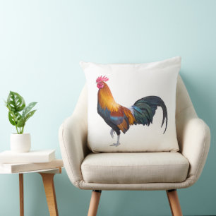 Vintage, vibrantly colored rustic farm rooster throw pillow