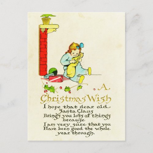 Vintage Victorian A Christmas Wish Little Girl Holiday Postcard