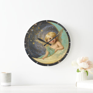 Vintage Victorian Angel Collage Galaxy Blue+Gold Large Clock