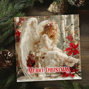 Vintage victorian angel red white gold seasonal  holiday card
