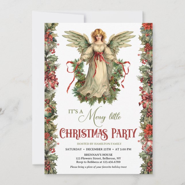 Vintage Victorian Angel with Christmas wreath Invitation (Front)