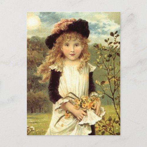 Vintage Victorian Art Daffodil Collector Girl Postcard