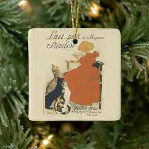 Vintage Victorian Art Nouveau, Girl with Milk Cats Ceramic Ornament