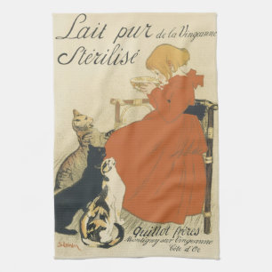 Vintage Victorian Art Nouveau, Girl with Milk Cats Kitchen Towel
