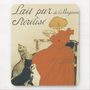Vintage Victorian Art Nouveau, Girl with Milk Cats Mouse Pad