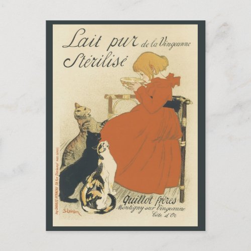 Vintage Victorian Art Nouveau Girl with Milk Cats Postcard