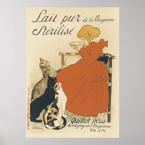 Vintage Victorian Art Nouveau Girl with Milk Cats Poster