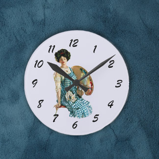Vintage Victorian Artist Lady Painter Palette Round Clock