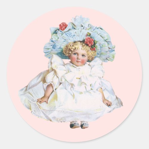 Vintage Victorian Baby Girl Doll Easter Dress Hat Classic Round Sticker