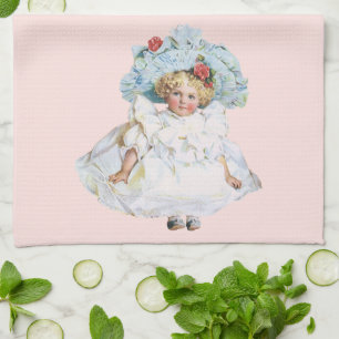 Vintage Victorian Baby Girl Doll, Easter Dress Hat Kitchen Towel