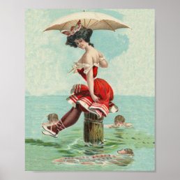 Vintage Victorian Bathing Beauty Lady Ocean Poster