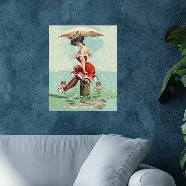 Vintage Victorian Bathing Beauty Lady Ocean Poster (Victorian lady in red bathing suit with parasol on stump in ocen surrounded by admirers on poster.)