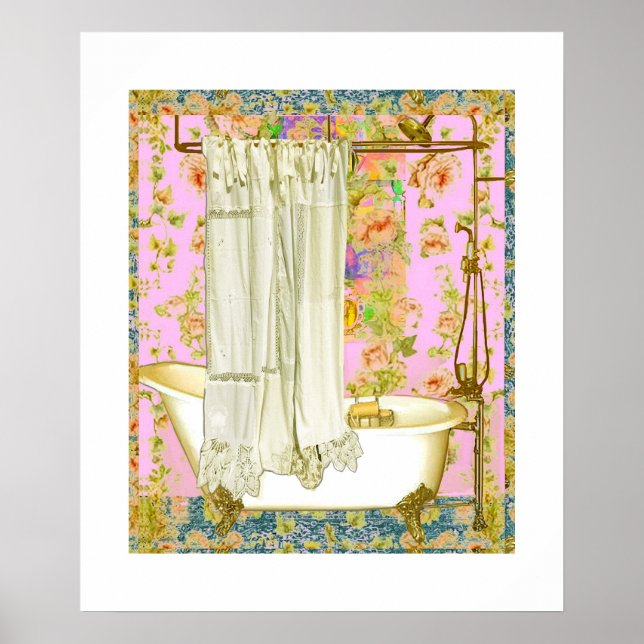 Vintage Victorian Bathtub Brass Fixtures Pink  Poster (Front)