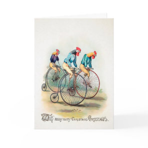 Vintage Victorian Biking Roosters Christmas Card