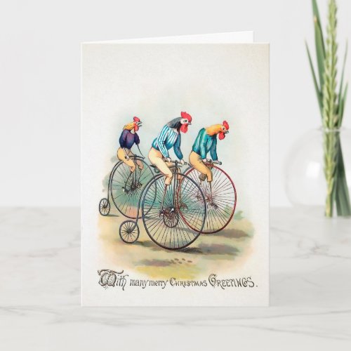 Vintage Victorian Biking Roosters Christmas Card