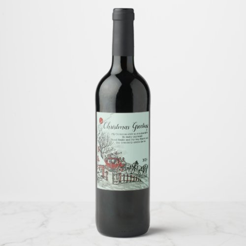 Vintage Victorian Blue Christmas Stagecoach Retro Wine Label