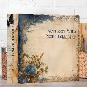 Vintage Victorian Blue & Tan Floral Family Recipe 3 Ring Binder