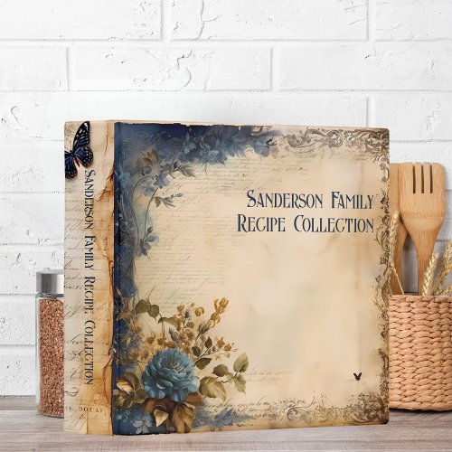 Vintage Victorian Blue  Tan Floral Family Recipe 3 Ring Binder