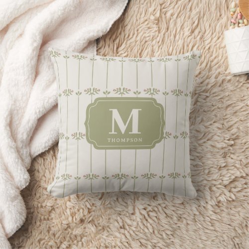Vintage Victorian Botanical Stripes Monogram Throw Pillow