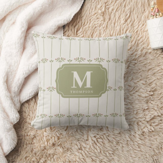 Vintage Victorian Botanical Stripes Monogram Throw Pillow (Blanket)