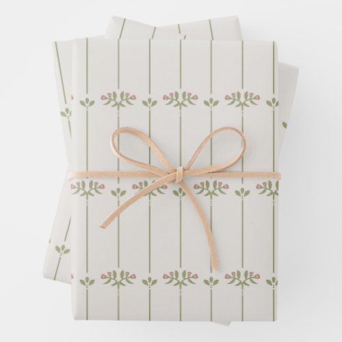Vintage Victorian Botanical Traditional Stripes Wrapping Paper Sheets