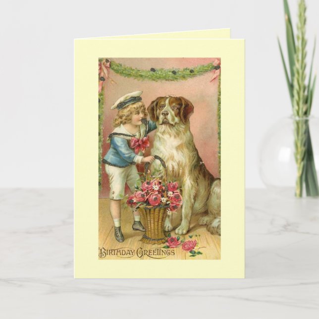 Vintage Victorian Boy/Dog Birthday Greeting Card (Front)