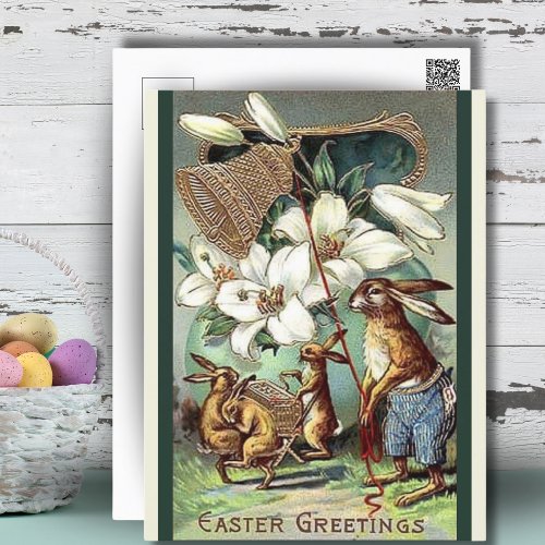 Vintage Victorian Bunnies Easter Greetings Holiday Postcard