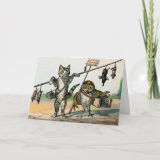 Vintage Victorian Cat and Owl Christmas Card