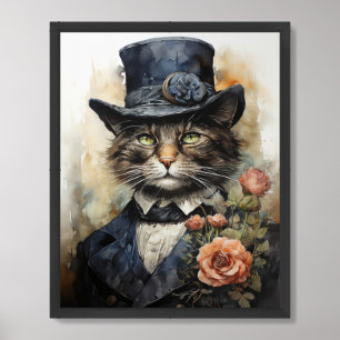 Vintage Victorian cat with hat and flowers royal F Framed Art