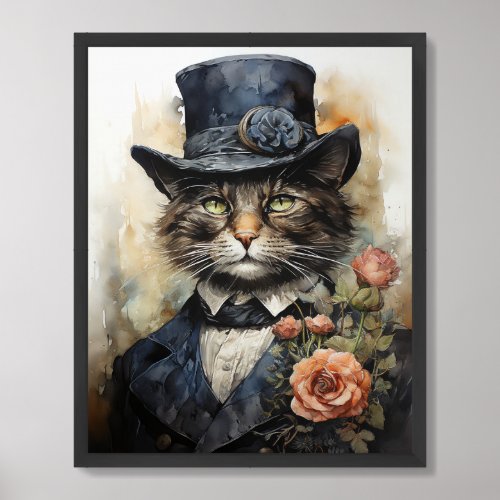 Vintage Victorian cat with hat and flowers royal F Framed Art