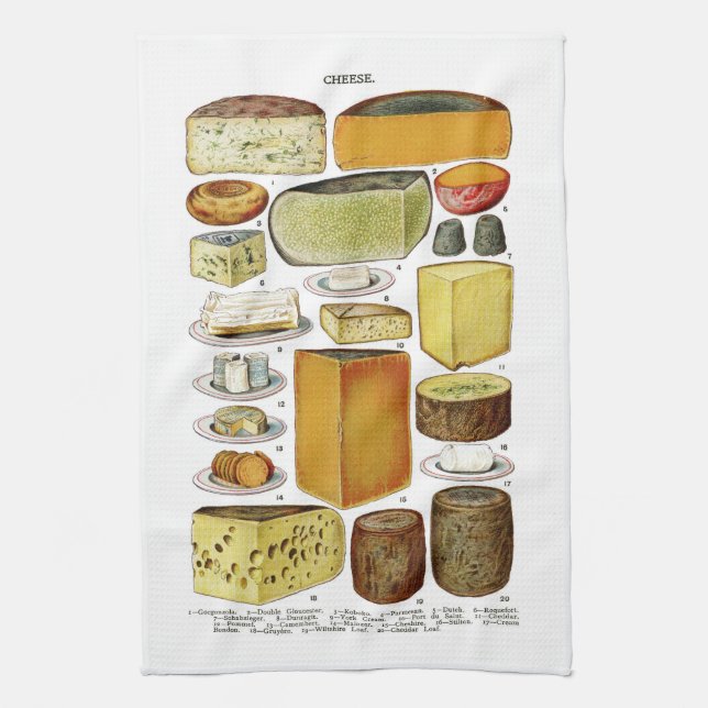 Vintage Victorian Cheese Varieties Illustration Towel (Vertical)