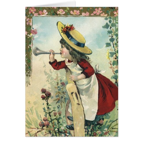 Vintage Victorian Child Girl Blowing Bugle Meadow