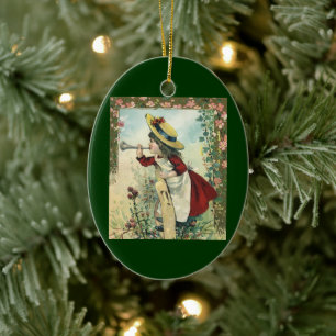 Vintage Victorian Child, Girl Blowing Bugle Meadow Ceramic Ornament