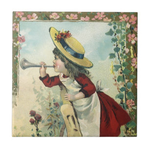Vintage Victorian Child, Girl Blowing Bugle Meadow Ceramic Tile