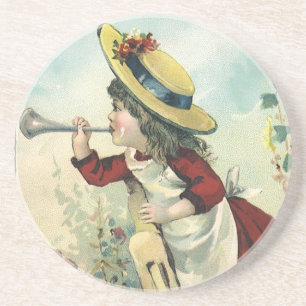 Vintage Victorian Child, Girl Blowing Bugle Meadow Coaster