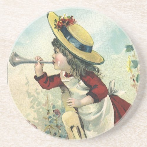 Vintage Victorian Child Girl Blowing Bugle Meadow Coaster