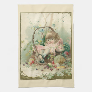 Vintage Victorian Child, Girl Spring Fruit Basket Kitchen Towel