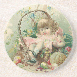 Vintage Victorian Child, Girl Spring Fruit Basket Sandstone Coaster