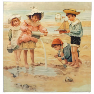 Vintage Victorian Children At The Beach Fine Art Cloth Napkin