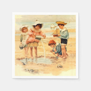 Vintage Victorian Children At The Beach Fine Art Napkins
