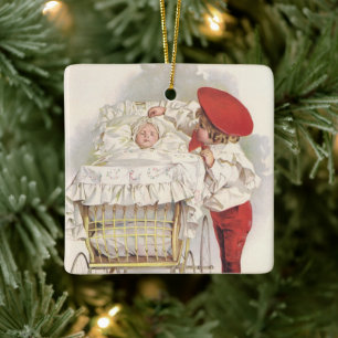 Vintage Victorian Children, Child and Baby in Pram Ceramic Ornament