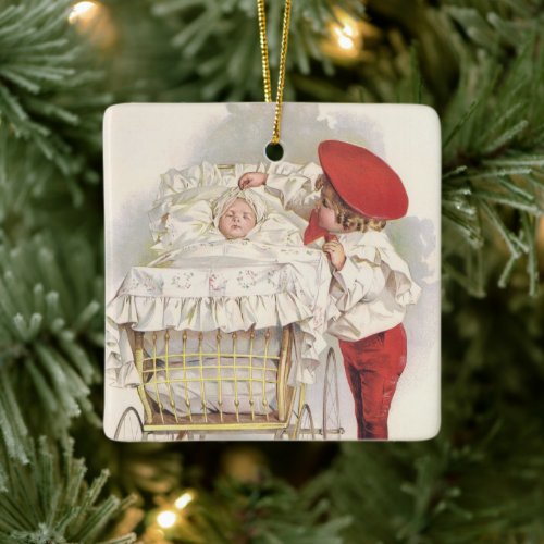 Vintage Victorian Children Child and Baby in Pram Ceramic Ornament