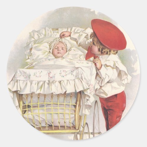 Vintage Victorian Children Child and Baby in Pram Classic Round Sticker