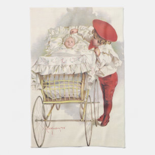 Vintage Victorian Children, Child and Baby in Pram Kitchen Towel